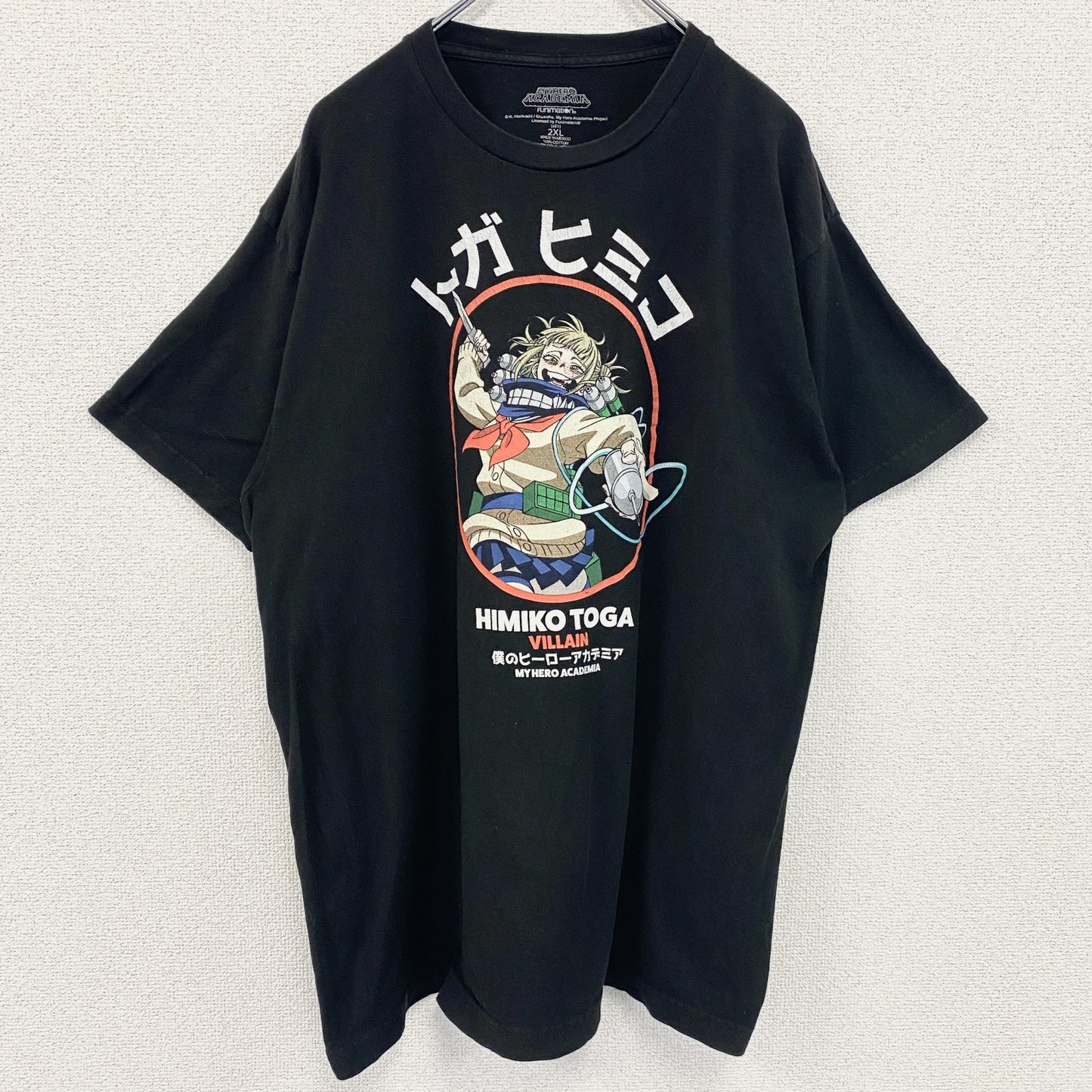古着 used　僕のヒーローアカデミア　半袖アニメプリントTシャツ　ヒロアカ　黒　ブラック　クルーネック　トガヒミコ　2XLサイズ