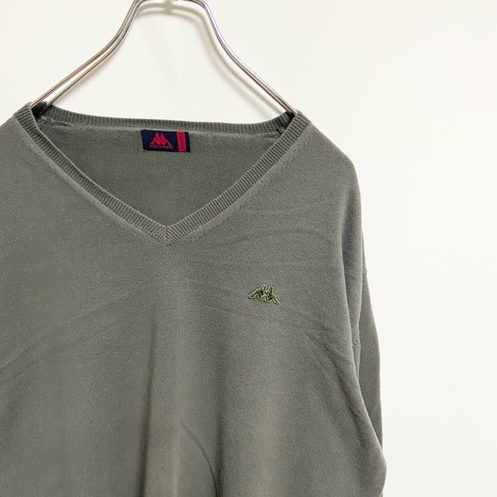 ROBE DI KAPPA　カッパ　長袖Vネックニットセーター　ワンポイント　刺繍ロゴ　灰色　ダークグレー　XXLサイズ