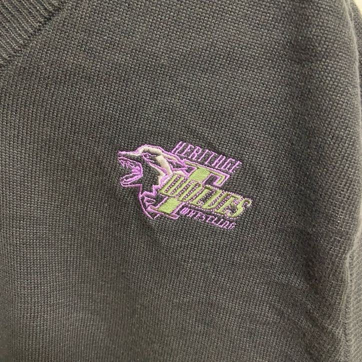 古着 used　adidas アディダス　Vネックニットベスト　セーター　ワンポイントロゴ刺繍　黒　ブラック　Lサイズ