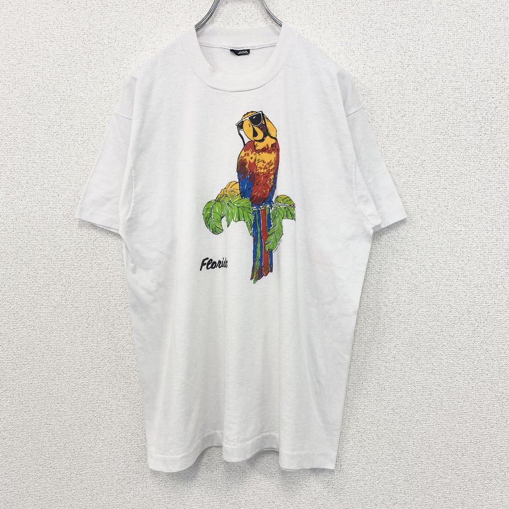 古着 used　半袖プリントTシャツ　鳥　インコ　カジュアルデザイン　シングルステッチ　90s　クルーネック　白　Lサイズ　