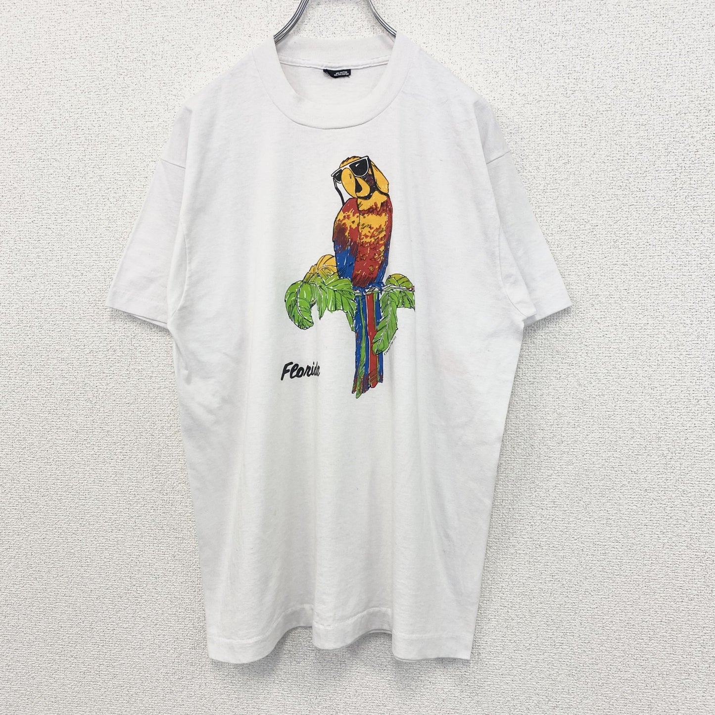 古着 used　半袖プリントTシャツ　鳥　インコ　カジュアルデザイン　シングルステッチ　90s　クルーネック　白　Lサイズ　