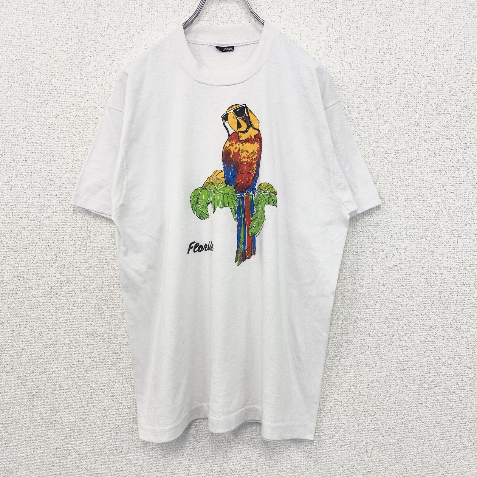 古着 used　半袖プリントTシャツ　鳥　インコ　カジュアルデザイン　シングルステッチ　90s　クルーネック　白　Lサイズ　