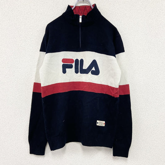 FILA　フィラ　ハーフジップアクリルニットセーター　デカロゴ　マルチカラー　紺　ネイビー　Mサイズ