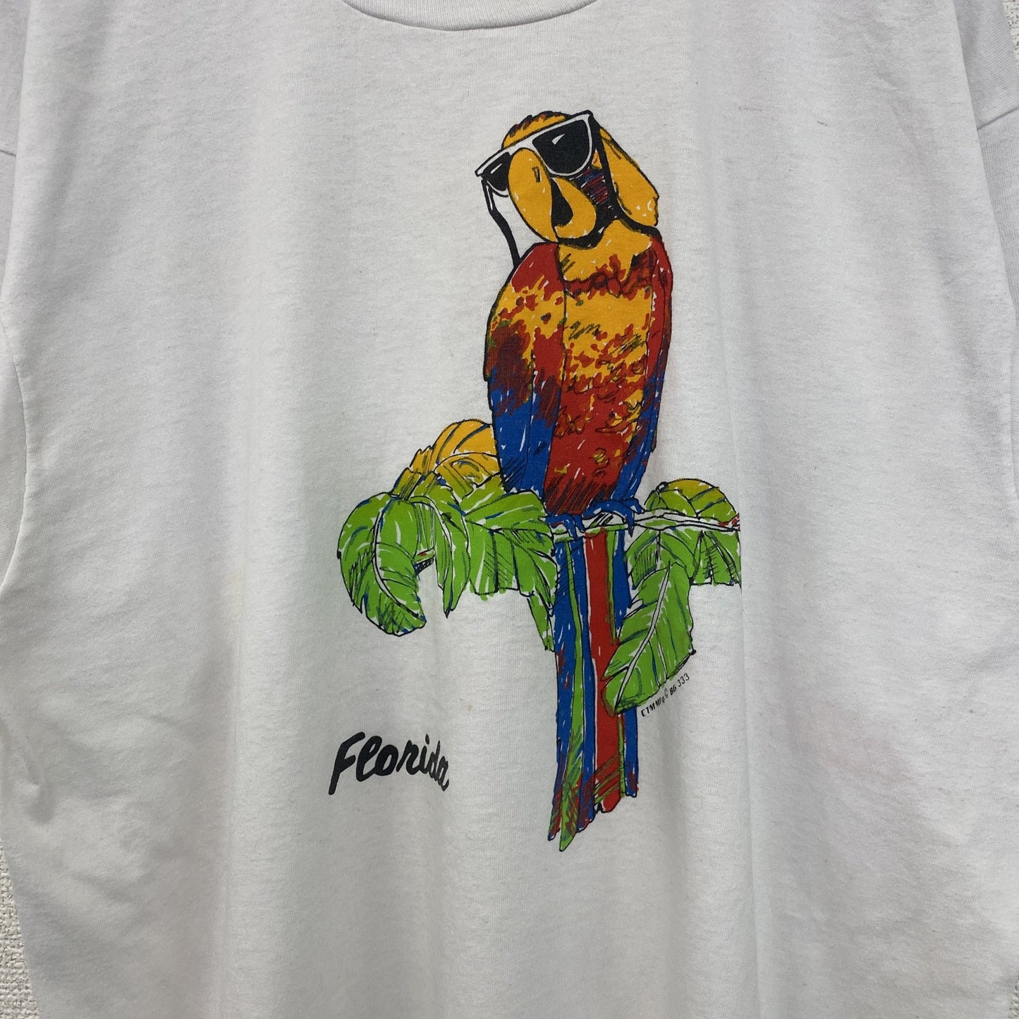 古着 used　半袖プリントTシャツ　鳥　インコ　カジュアルデザイン　シングルステッチ　90s　クルーネック　白　Lサイズ　