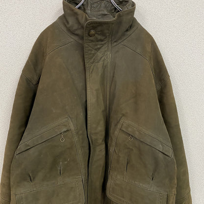 ～90s　France Vet　フランスヴェット　レザーカーコート　中綿入り　ユーロヴィンテージ　カーキ　