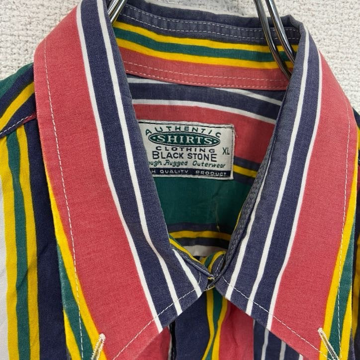古着 used　半袖プリントシャツ　ストライプ　胸ポケット　レッド　グリーン　ネイビー　イエロー　カラフル　サイズ