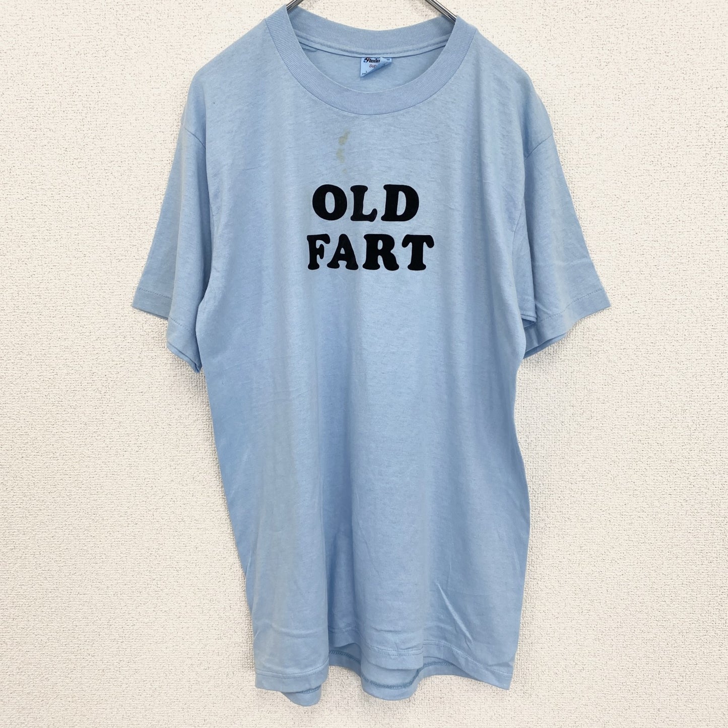 古着 used　半袖プリントTシャツ　USA製　シングルステッチ　水色　ライトブルー　クルーネック　レトロデザイン　Lサイズ