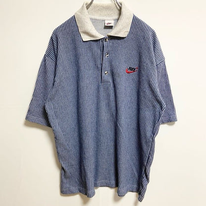 古着 used　NIKE ナイキ　半袖ストライプ柄ポロシャツ　ハーフボタン　ワンポイントロゴ刺繍　レトロデザイン　XLサイズ