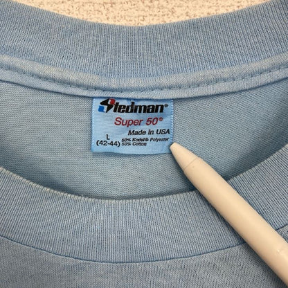 古着 used　半袖プリントTシャツ　USA製　シングルステッチ　水色　ライトブルー　クルーネック　レトロデザイン　Lサイズ