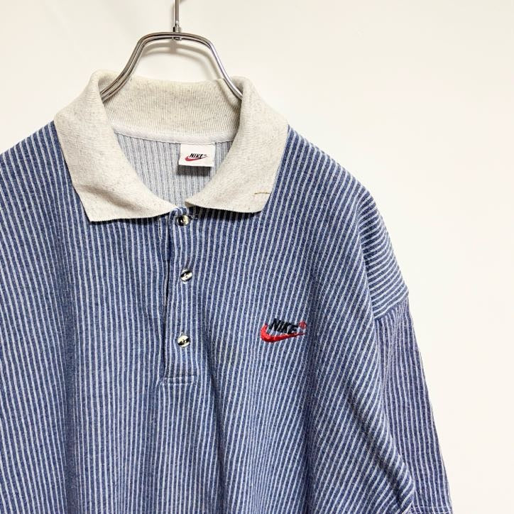 古着 used　NIKE ナイキ　半袖ストライプ柄ポロシャツ　ハーフボタン　ワンポイントロゴ刺繍　レトロデザイン　XLサイズ