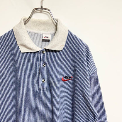 古着 used　NIKE ナイキ　半袖ストライプ柄ポロシャツ　ハーフボタン　ワンポイントロゴ刺繍　レトロデザイン　XLサイズ