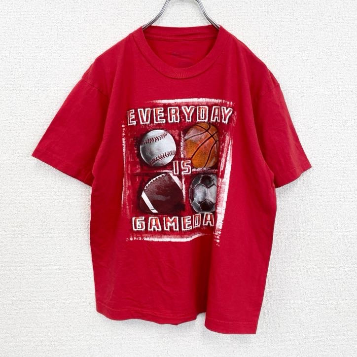 古着 used　半袖プリントTシャツ　野球　バスケ　フットボール　サッカー　赤　レッド　クルーネック　レトロデザイン