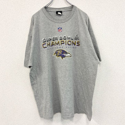 古着 used　半袖プリントTシャツ　NFL　スーパーボウル　ボルティモアレイブンズ　灰色　グレー　クルーネック　２XLサイズ