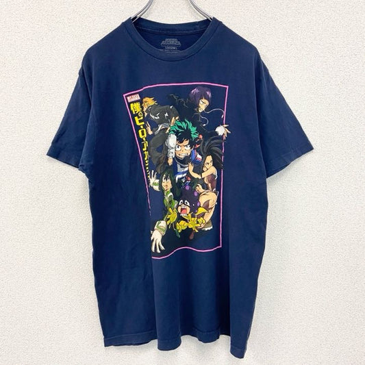 古着 used　半袖アニメプリントTシャツ　僕のヒーローアカデミア　紺　ネイビー　100%コットン　クルーネック　Lサイズ