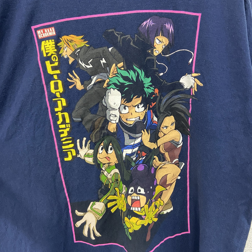 古着 used　半袖アニメプリントTシャツ　僕のヒーローアカデミア　紺　ネイビー　100%コットン　クルーネック　Lサイズ