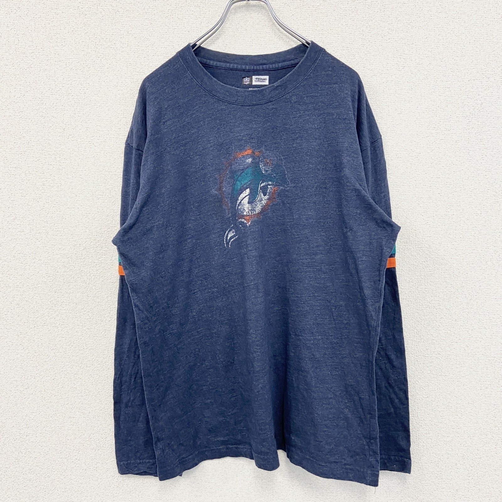 古着 used　長袖プリントTシャツ　NFL　マイアミドルフィンズ　フットボール　紺　ネイビー　クルーネック　Lサイズ