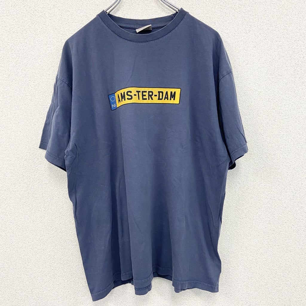 古着 used　半袖プリントTシャツ　アムステルダム　紺　ネイビー　100％コットン　レトロデザイン　クルーネック　XLサイズ