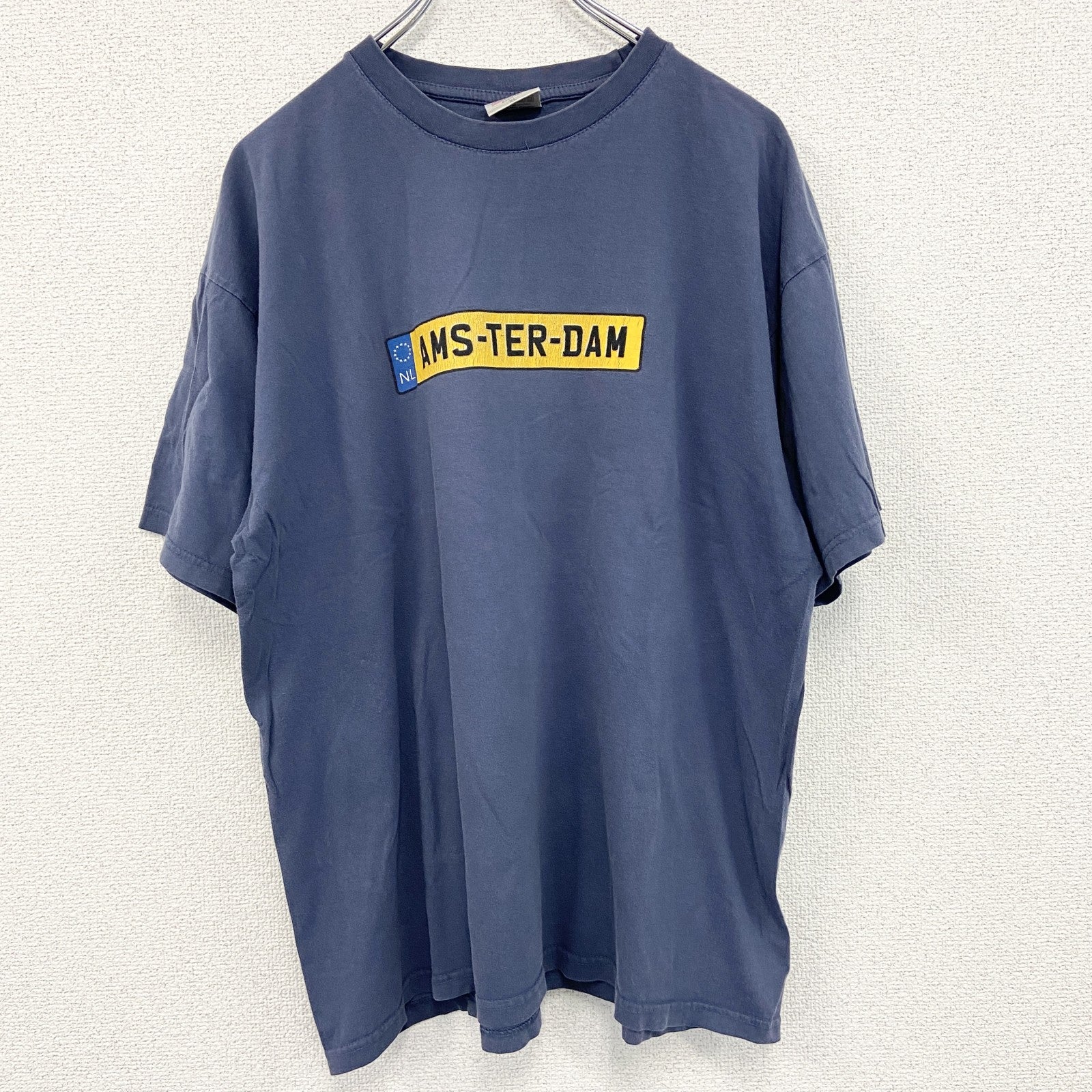 古着 used　半袖プリントTシャツ　アムステルダム　紺　ネイビー　100％コットン　レトロデザイン　クルーネック　XLサイズ