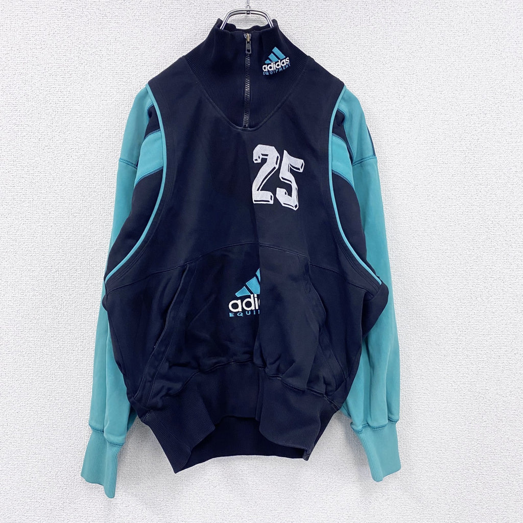 ～90s　adidas EQUIPMENT　アディダス　ハーフジップトラックジャケット/ジャージ　フロッキープリント　デカロゴ　パフォーマンスロゴ　ブラック　Ｍサイズ