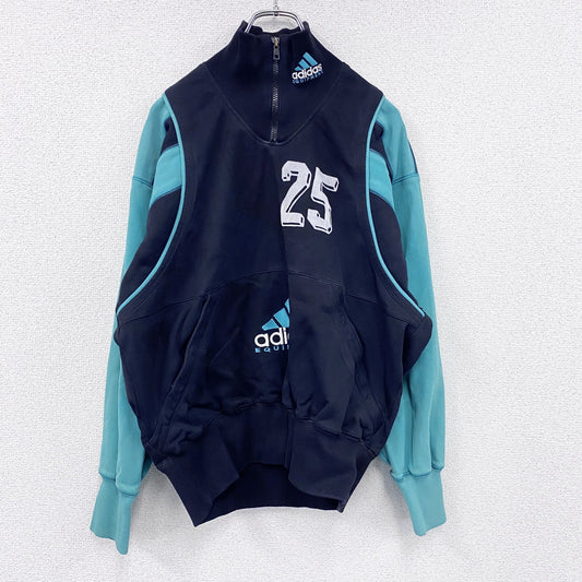 ～90s　adidas EQUIPMENT　アディダス　ハーフジップトラックジャケット/ジャージ　フロッキープリント　デカロゴ　パフォーマンスロゴ　ブラック　Ｍサイズ