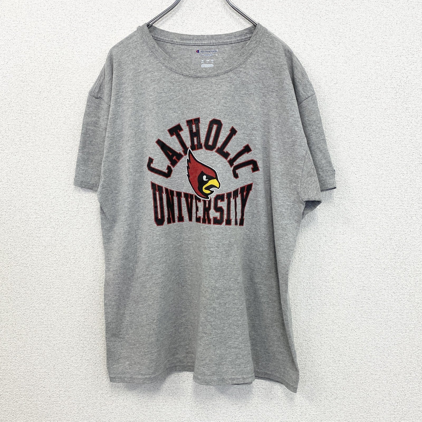 古着 used　chaｍpion チャンピオン　半袖カレッジプリントTシャツ　カトリック大学　グレー　カジュアルデザイン　Lサイズ