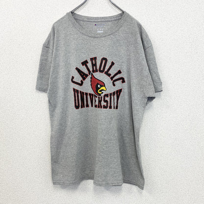 古着 used　chaｍpion チャンピオン　半袖カレッジプリントTシャツ　カトリック大学　グレー　カジュアルデザイン　Lサイズ