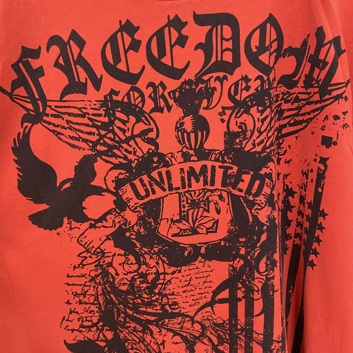 古着 used　半袖プリントTシャツ　Y2K　赤　レッド　クルーネック　フリーダム　レトロデザイン　Lサイズ