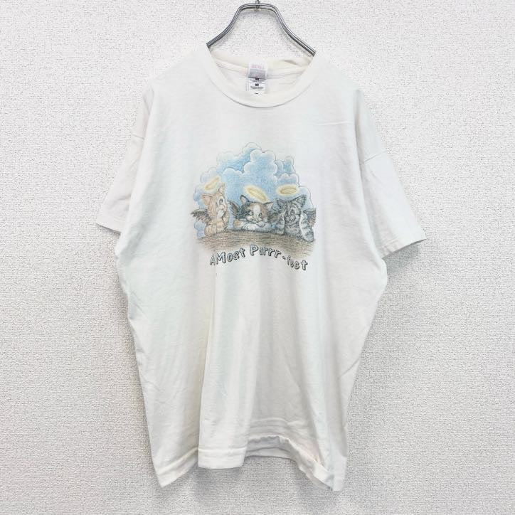 古着 used　フルーツオブザルーム　半袖アニマルプリントTシャツ　猫　キャット　シングルステッチ　XLサイズ