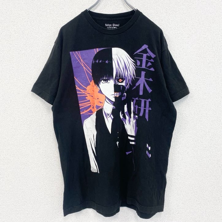 古着 used　半袖アニメプリントTシャツ　東京喰種　カネキ　金木研　黒　ブラック　クルーネック　レトロデザイン　Lサイズ