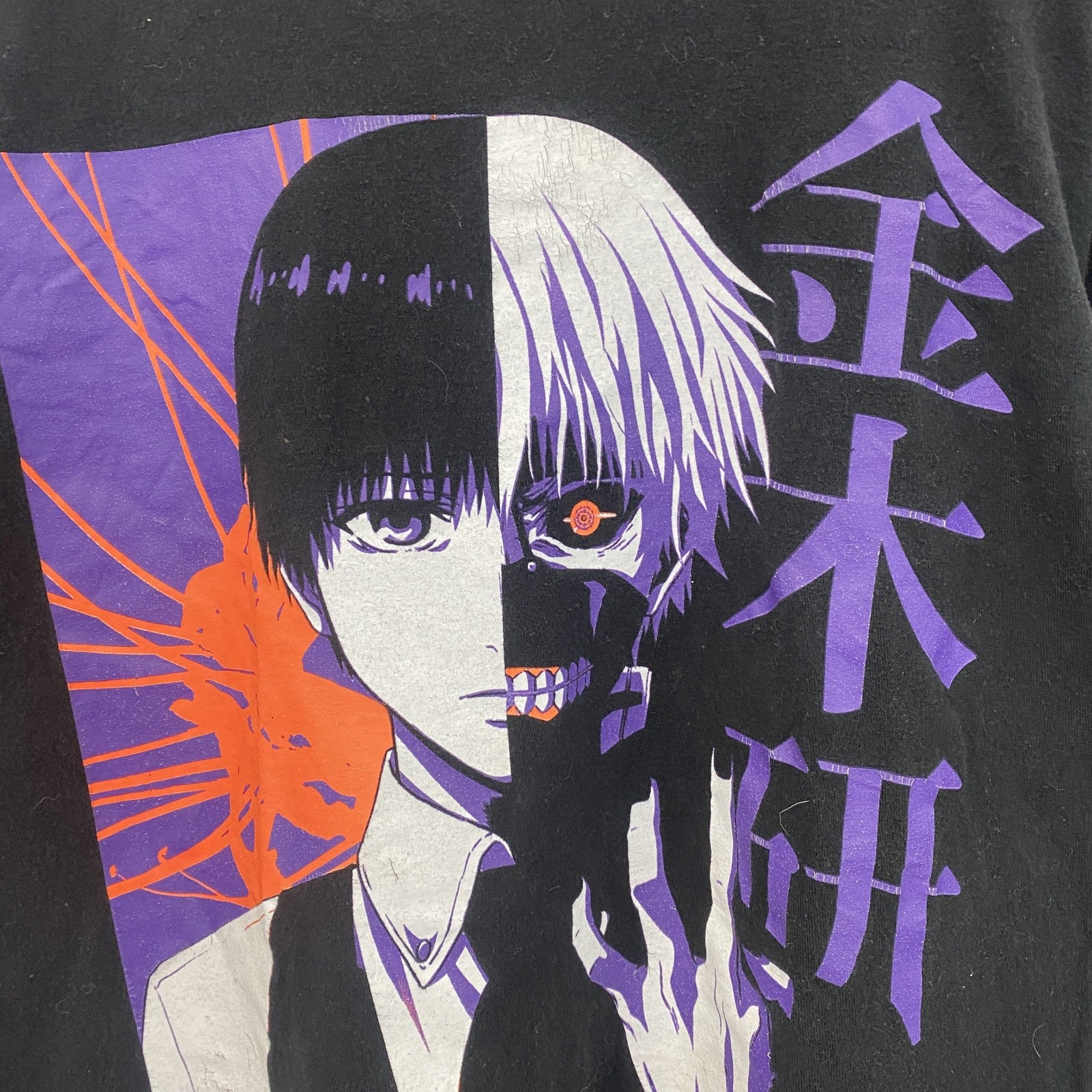 古着 used　半袖アニメプリントTシャツ　東京喰種　カネキ　金木研　黒　ブラック　クルーネック　レトロデザイン　Lサイズ