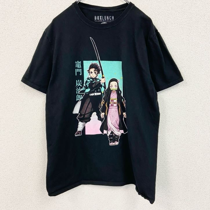 古着 used　半袖アニメプリントTシャツ　鬼滅の刃　黒　ブラック　コットン100％　クルーネック　レトロデザイン　Lサイズ