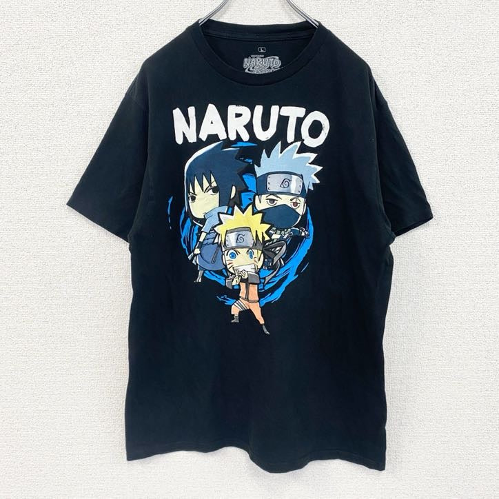 古着 used　半袖アニメプリントTシャツ　ナルト　サスケ　カカシ　黒　ブラック　レトロデザイン　クルーネック　Lサイズ