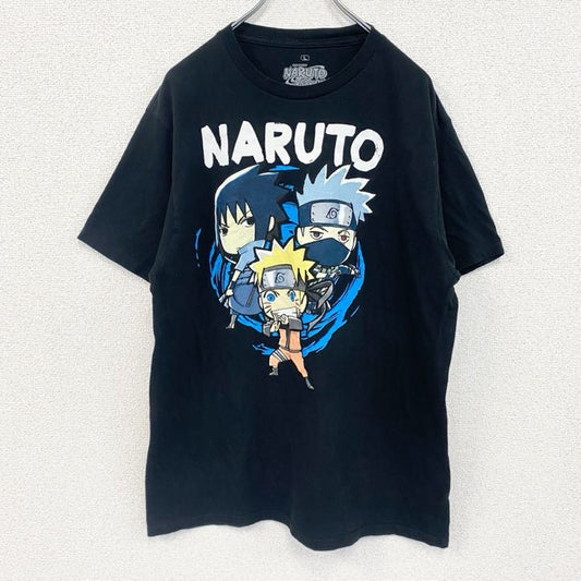古着 used　半袖アニメプリントTシャツ　ナルト　サスケ　カカシ　黒　ブラック　レトロデザイン　クルーネック　Lサイズ