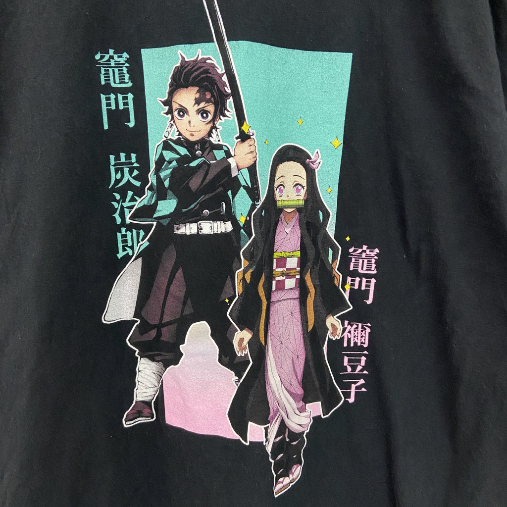 古着 used　半袖アニメプリントTシャツ　鬼滅の刃　黒　ブラック　コットン100％　クルーネック　レトロデザイン　Lサイズ