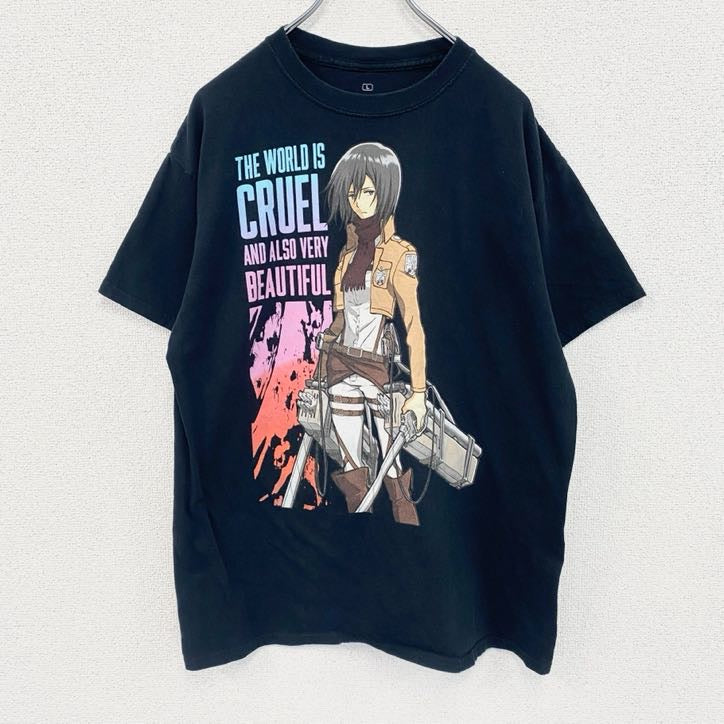 古着 used　半袖アニメプリントTシャツ　ナ進撃の巨人　ミカサ　黒　ブラック　レトロデザイン　クルーネック　Lサイズ