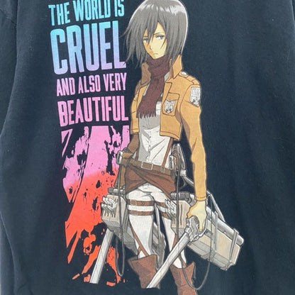 古着 used　半袖アニメプリントTシャツ　ナ進撃の巨人　ミカサ　黒　ブラック　レトロデザイン　クルーネック　Lサイズ