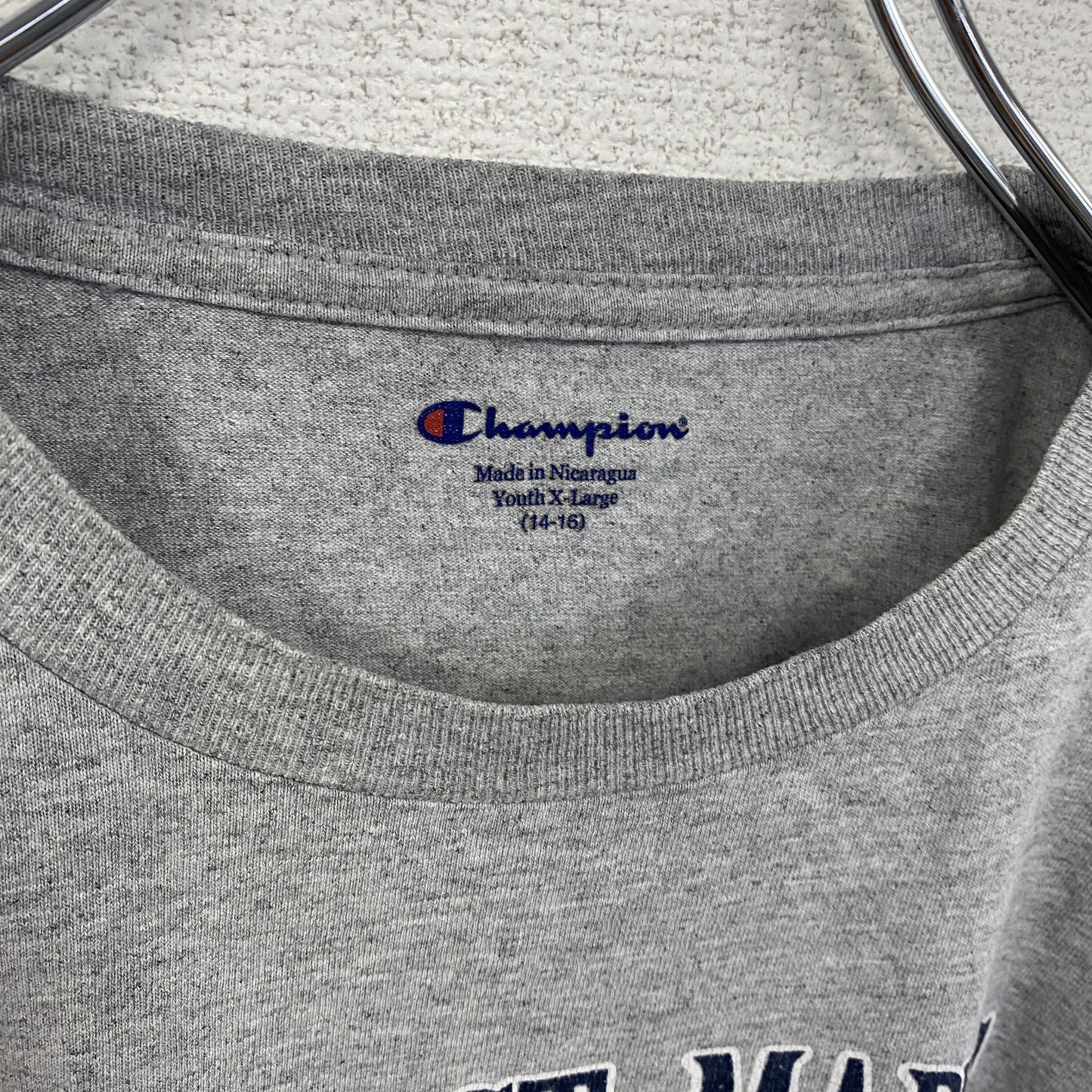 古着 used　半袖プリントTシャツ　チャンピオン　カレッジ　灰色　ライトグレー　レトロデザイン　クルーネック　XLサイズ