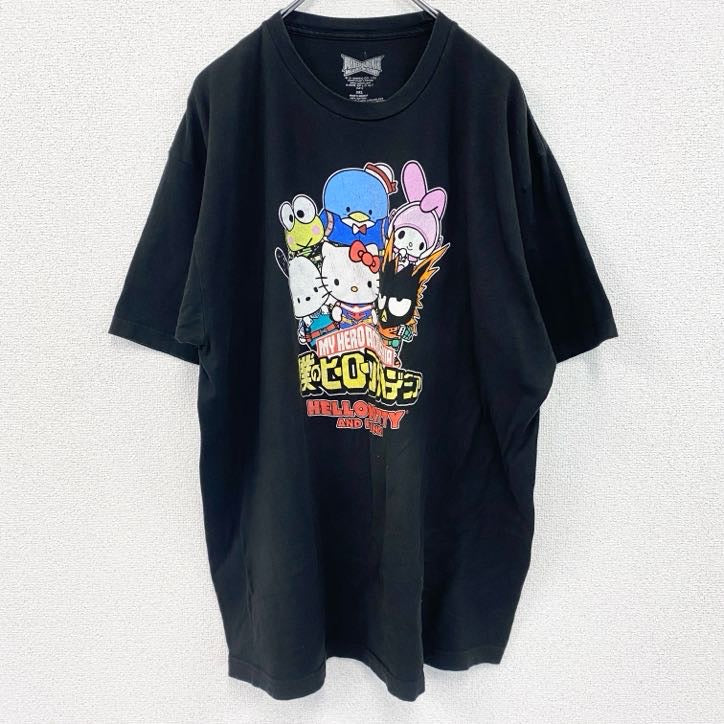 古着 used　半袖アニメプリントTシャツ　僕のヒーローアカデミア　サンリオ　ブラック　レトロデザイン　クルーネック　2XLサイズ