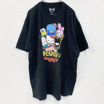 古着 used　半袖アニメプリントTシャツ　僕のヒーローアカデミア　サンリオ　ブラック　レトロデザイン　クルーネック　2XLサイズ
