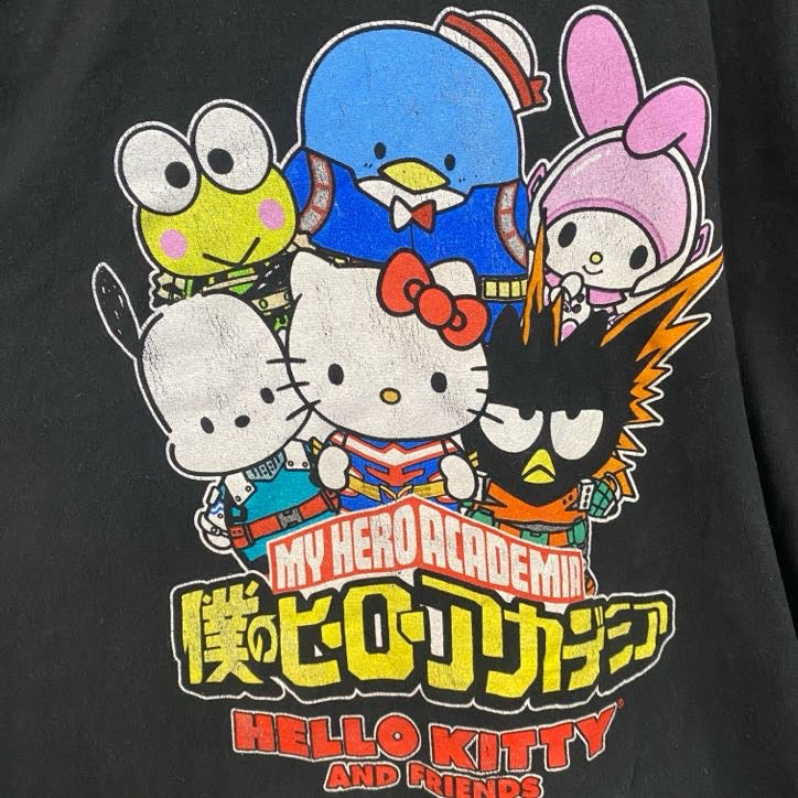古着 used　半袖アニメプリントTシャツ　僕のヒーローアカデミア　サンリオ　ブラック　レトロデザイン　クルーネック　2XLサイズ