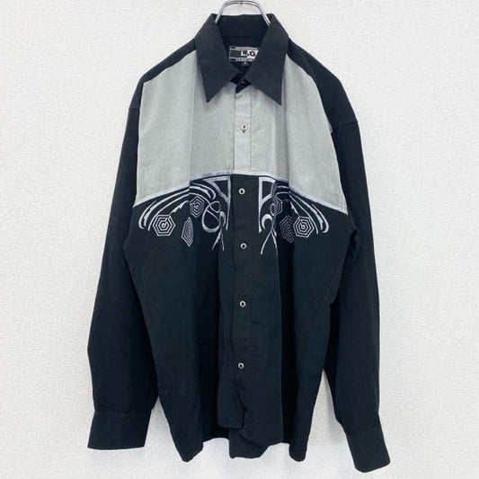 L&G　MEDITE RRANEAN　長袖刺繍デザインシャツ　モノトーン　総柄　黒　ブラック　灰色　グレー　Lサイズ