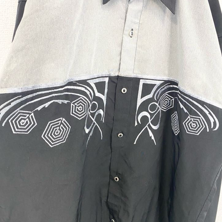 L&G　MEDITE RRANEAN　長袖刺繍デザインシャツ　モノトーン　総柄　黒　ブラック　灰色　グレー　Lサイズ