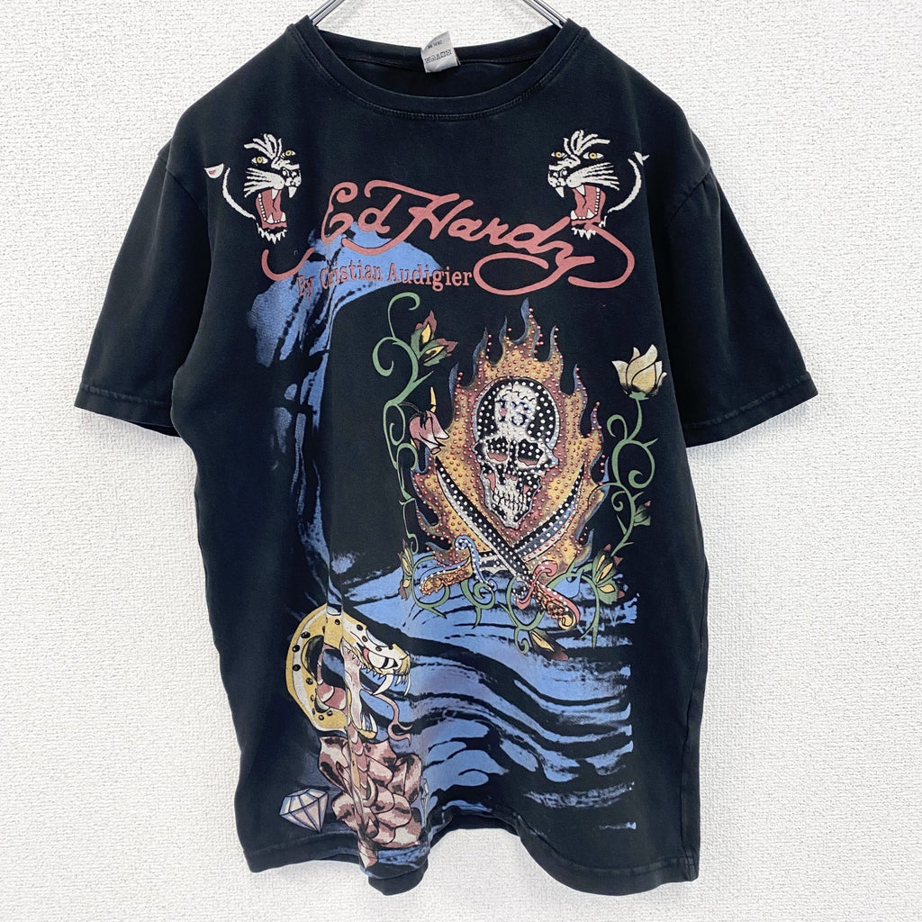 古着 used　半袖プリントTシャツ　エドハーディー　ドクロ　ブラック　レトロデザイン　クルーネック　2XLサイズ