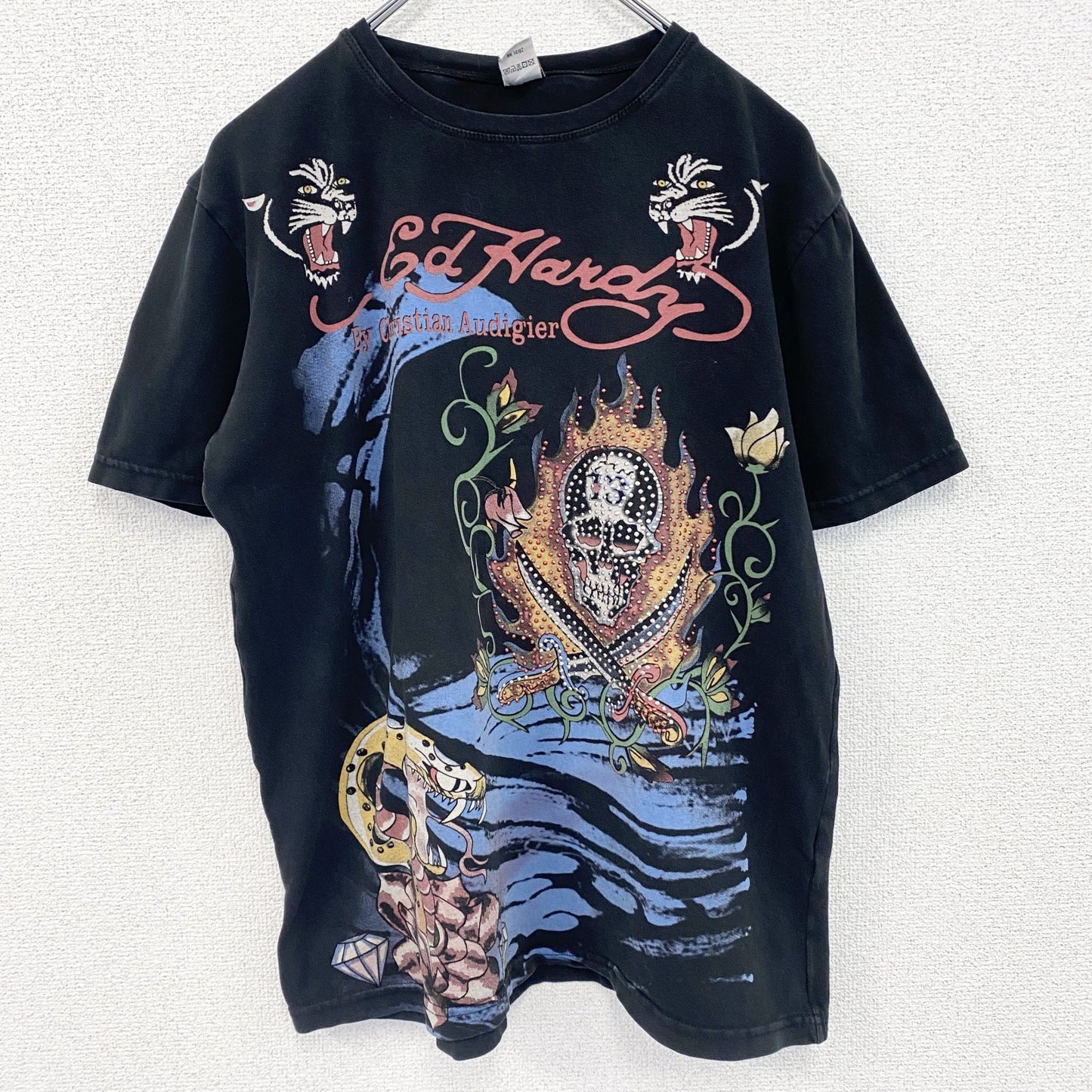 古着 used　半袖プリントTシャツ　エドハーディー　ドクロ　ブラック　レトロデザイン　クルーネック　2XLサイズ