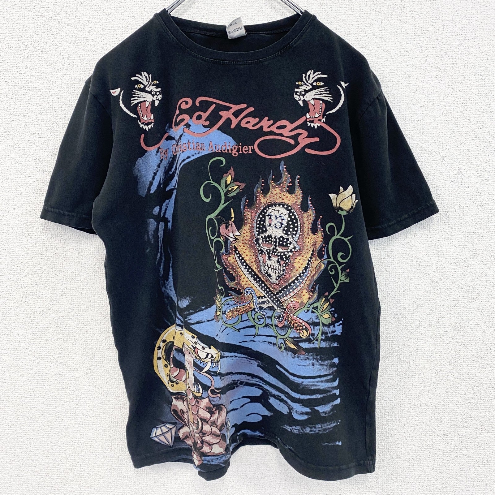 古着 used　半袖プリントTシャツ　エドハーディー　ドクロ　ブラック　レトロデザイン　クルーネック　2XLサイズ