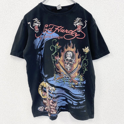 古着 used　半袖プリントTシャツ　エドハーディー　ドクロ　ブラック　レトロデザイン　クルーネック　2XLサイズ