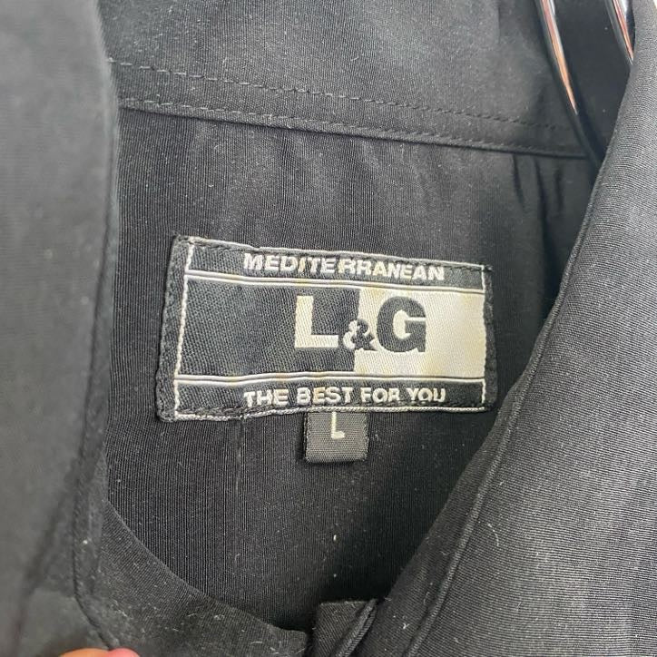 L&G　MEDITE RRANEAN　長袖刺繍デザインシャツ　モノトーン　総柄　黒　ブラック　灰色　グレー　Lサイズ