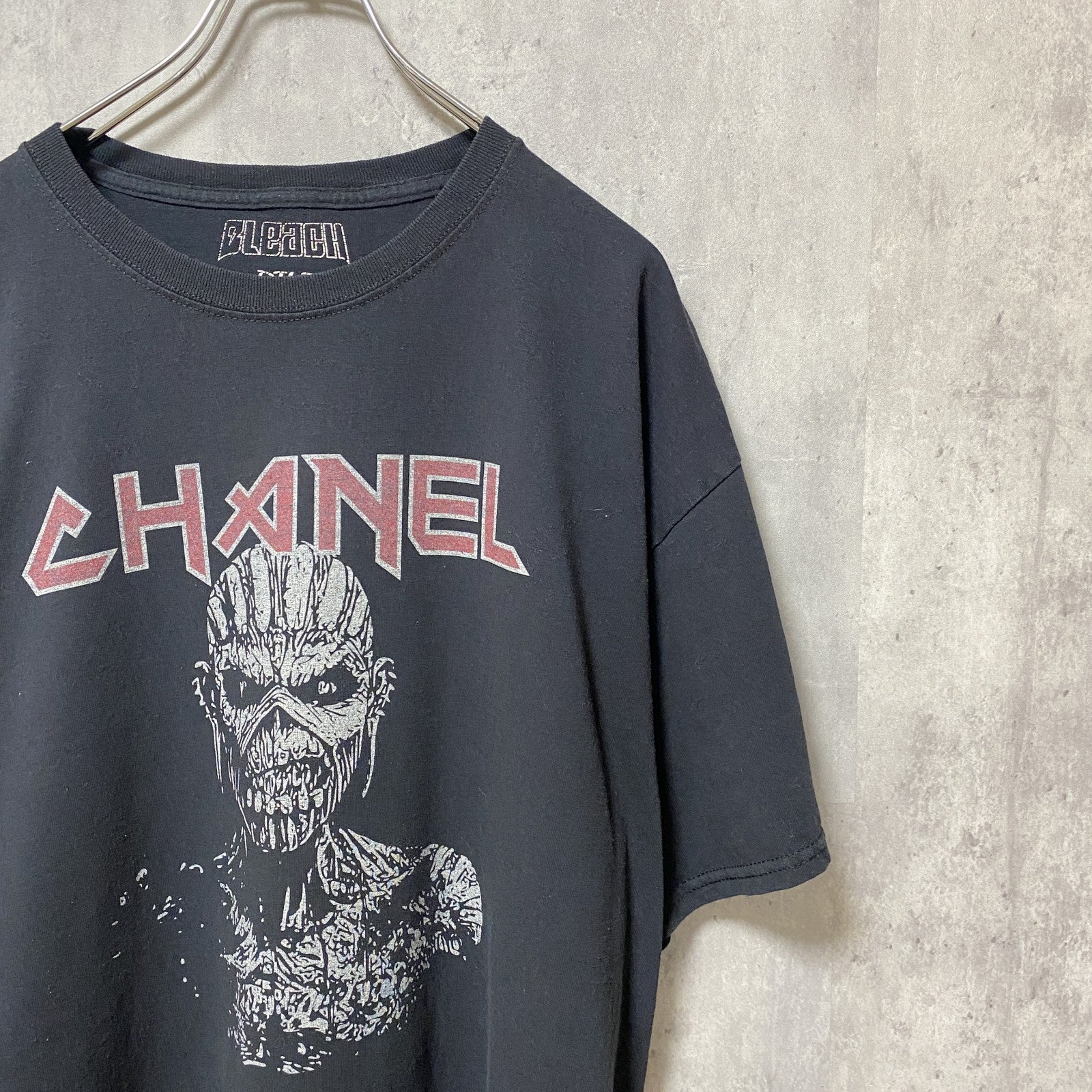 古着 used　アイアンメイデン　CHANEL　BLEACH　半袖プリントTシャツ　黒　ブラック　ビッグシルエット　XLサイズ