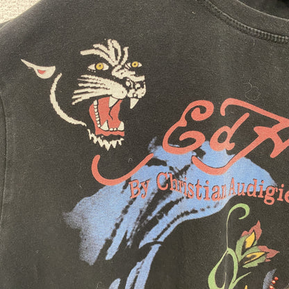 古着 used　半袖プリントTシャツ　エドハーディー　ドクロ　ブラック　レトロデザイン　クルーネック　2XLサイズ