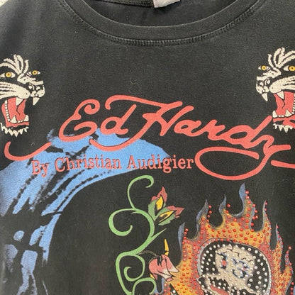 古着 used　半袖プリントTシャツ　エドハーディー　ドクロ　ブラック　レトロデザイン　クルーネック　2XLサイズ